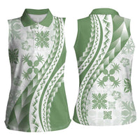 Green Hawaiian Quilt Pattern Women Sleeveless Polo Shirt Mixed Polynesian Tribal Arty