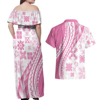 Pink Hawaiian Quilt Pattern Couples Matching Off Shoulder Maxi Dress and Hawaiian Shirt Mixed Polynesian Tribal Arty