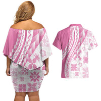 Pink Hawaiian Quilt Pattern Couples Matching Off Shoulder Short Dress and Hawaiian Shirt Mixed Polynesian Tribal Arty