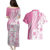 Pink Hawaiian Quilt Pattern Couples Matching Puletasi and Hawaiian Shirt Mixed Polynesian Tribal Arty