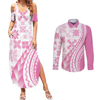 Pink Hawaiian Quilt Pattern Couples Matching Summer Maxi Dress and Long Sleeve Button Shirt Mixed Polynesian Tribal Arty
