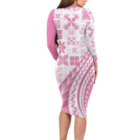 Pink Hawaiian Quilt Pattern Family Matching Long Sleeve Bodycon Dress and Hawaiian Shirt Mixed Polynesian Tribal Arty