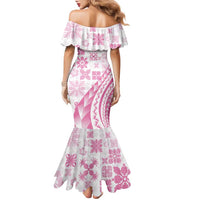 Pink Hawaiian Quilt Pattern Family Matching Mermaid Dress and Hawaiian Shirt Mixed Polynesian Tribal Arty