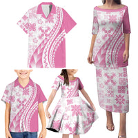 Pink Hawaiian Quilt Pattern Family Matching Puletasi and Hawaiian Shirt Mixed Polynesian Tribal Arty