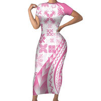 Pink Hawaiian Quilt Pattern Family Matching Short Sleeve Bodycon Dress and Hawaiian Shirt Mixed Polynesian Tribal Arty