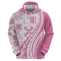 Pink Hawaiian Quilt Pattern Zip Hoodie Mixed Polynesian Tribal Arty