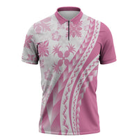 Pink Hawaiian Quilt Pattern Zipper Polo Shirt Mixed Polynesian Tribal Arty - Polynesian Pride