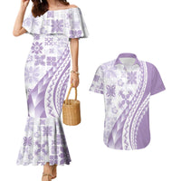Purple Hawaiian Quilt Pattern Couples Matching Mermaid Dress and Hawaiian Shirt Mixed Polynesian Tribal Arty