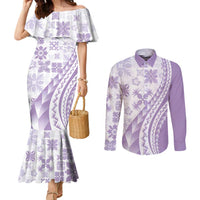 Purple Hawaiian Quilt Pattern Couples Matching Mermaid Dress and Long Sleeve Button Shirt Mixed Polynesian Tribal Arty