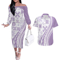 Purple Hawaiian Quilt Pattern Couples Matching Off The Shoulder Long Sleeve Dress and Hawaiian Shirt Mixed Polynesian Tribal Arty