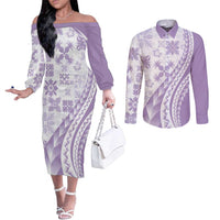 Purple Hawaiian Quilt Pattern Couples Matching Off The Shoulder Long Sleeve Dress and Long Sleeve Button Shirt Mixed Polynesian Tribal Arty