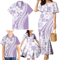 Purple Hawaiian Quilt Pattern Family Matching Mermaid Dress and Hawaiian Shirt Mixed Polynesian Tribal Arty