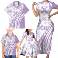 Purple Hawaiian Quilt Pattern Family Matching Short Sleeve Bodycon Dress and Hawaiian Shirt Mixed Polynesian Tribal Arty