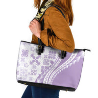 Purple Hawaiian Quilt Pattern Leather Tote Bag Mixed Polynesian Tribal Arty
