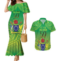 Cook Islands Constitution Day Couples Matching Mermaid Dress and Hawaiian Shirt Kuki Airani Since 1965 LT9 Green - Polynesian Pride