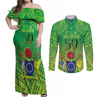 Cook Islands Constitution Day Couples Matching Off Shoulder Maxi Dress and Long Sleeve Button Shirt Kuki Airani Since 1965 LT9 Green - Polynesian Pride