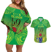 Cook Islands Constitution Day Couples Matching Off Shoulder Short Dress and Hawaiian Shirt Kuki Airani Since 1965 LT9 Green - Polynesian Pride
