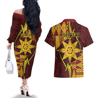Personalised Tonga Haapai High School Couples Matching Off The Shoulder Long Sleeve Dress and Hawaiian Shirt Special Kupesi Pattern LT9 - Polynesian Pride