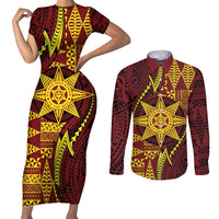 Personalised Tonga Haapai High School Couples Matching Short Sleeve Bodycon Dress and Long Sleeve Button Shirt Special Kupesi Pattern LT9 Gold - Polynesian Pride