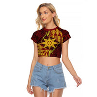 Personalised Tonga Haapai High School Raglan Cropped T Shirt Special Kupesi Pattern LT9 Female Gold - Polynesian Pride