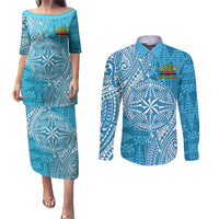 Personalised Tonga Lavengamalie College Couples Matching Puletasi and Long Sleeve Button Shirt Since 1980 Special Kupesi Pattern LT9 Blue - Polynesian Pride