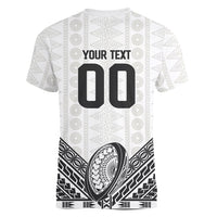 Custom Rugby Fiji National Heritage Women V-Neck T-Shirt White Traditional Masi Inspired