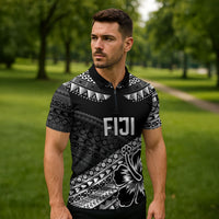 Custom Rugby Fiji Zipper Polo Shirt Black Traditional Masi Inspired LT9 - Polynesian Pride
