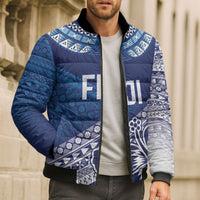 Custom Rugby Fiji Bomber Puffer Jacket Blue Traditional Masi Inspired