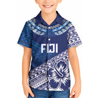 Custom Rugby Fiji Kid Hawaiian Shirt Blue Traditional Masi Inspired