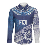 Custom Rugby Fiji Long Sleeve Button Shirt Blue Traditional Masi Inspired LT9 Unisex Blue - Polynesian Pride