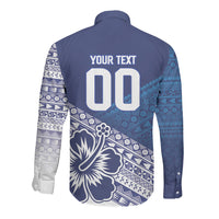 Custom Rugby Fiji Long Sleeve Button Shirt Blue Traditional Masi Inspired LT9 - Polynesian Pride