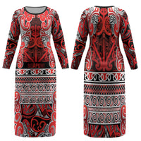 Aotearoa Iwi Ngapuhi Family Matching Long Sleeve Bodycon Dress and Hawaiian Shirt Maori Wharenui House Tribal Pattern LT9 Mom's Dress Red - Polynesian Pride