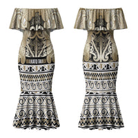 Aotearoa Iwi Waikato Tainui Family Matching Mermaid Dress and Hawaiian Shirt Maori Wharenui House Tribal Pattern LT9 Mom's Dress Light Gold - Polynesian Pride