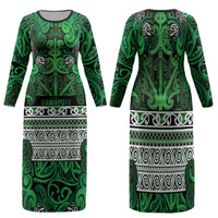 Aotearoa Iwi Ngati Maniapoto Family Matching Long Sleeve Bodycon Dress and Hawaiian Shirt Maori Wharenui House Tribal Pattern LT9 Mom's Dress Dark green - Polynesian Pride