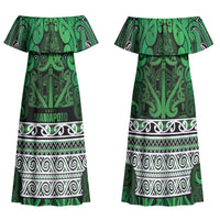 Aotearoa Iwi Ngati Maniapoto Family Matching Off Shoulder Maxi Dress and Hawaiian Shirt Maori Wharenui House Tribal Pattern LT9 Mom's Dress Dark green - Polynesian Pride