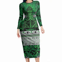 Aotearoa Iwi Ngati Maniapoto Long Sleeve Bodycon Dress Maori Wharenui House Tribal Pattern LT9 Long Dress Dark green - Polynesian Pride