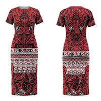 Aotearoa Iwi Ngati Kahungunu Family Matching Short Sleeve Bodycon Dress and Hawaiian Shirt Maori Wharenui House Tribal Pattern LT9 Mom's Dress Dark red - Polynesian Pride