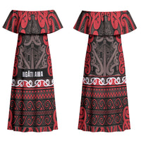 Aotearoa Iwi Ngati Awa Family Matching Off Shoulder Maxi Dress and Hawaiian Shirt Maori Wharenui House Tribal Pattern LT9 Mom's Dress Red - Polynesian Pride