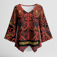 Aotearoa Iwi Rongowhakaata Kimono Sleeve Blouse Maori Wharenui House Tribal Pattern LT9 Female Brick Red - Polynesian Pride