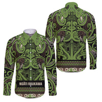 Aotearoa Iwi Ngati Raukawa Family Matching Off The Shoulder Long Sleeve Dress and Hawaiian Shirt Maori Wharenui House Tribal Pattern LT9 Dad's Shirt - Long Sleeve Olive green - Polynesian Pride