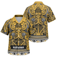 Aotearoa Iwi Ngāti Tama ki Te Waipounamu Trust Family Matching Off Shoulder Short Dress and Hawaiian Shirt Maori Wharenui House Tribal Pattern LT9 Son's Shirt Gold - Polynesian Pride