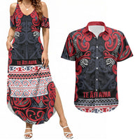Aotearoa Iwi Te ati Awa Couples Matching Summer Maxi Dress and Hawaiian Shirt Maori Wharenui House Tribal Pattern LT9 Bright Red - Polynesian Pride