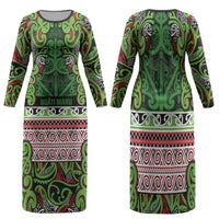 Aotearoa Iwi Ngati Maru Hauraki Family Matching Long Sleeve Bodycon Dress and Hawaiian Shirt Maori Wharenui House Tribal Pattern LT9 Mom's Dress Green Red - Polynesian Pride