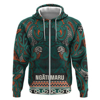 Aotearoa Iwi Ngāti Maru Taranaki Hoodie Maori Wharenui House Tribal Pattern LT9 Zip Hoodie Deep Teal - Polynesian Pride
