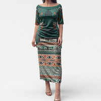 Aotearoa Iwi Ngāti Maru Taranaki Puletasi Maori Wharenui House Tribal Pattern LT9 Long Dress Deep Teal - Polynesian Pride