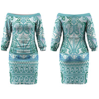 Aotearoa Iwi Ngati Paoa Family Matching Off The Shoulder Long Sleeve Dress and Hawaiian Shirt Maori Wharenui House Tribal Pattern LT9 Mom's Dress Turquoise - Polynesian Pride