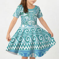 Aotearoa Iwi Ngati Paoa Kid Short Sleeve Dress Maori Wharenui House Tribal Pattern LT9 KID Turquoise - Polynesian Pride