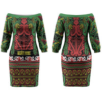 Aotearoa Iwi Ngati Hine Family Matching Off The Shoulder Long Sleeve Dress and Hawaiian Shirt Maori Wharenui House Tribal Pattern LT9 Mom's Dress Deep Green - Polynesian Pride