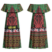 Aotearoa Iwi Ngati Hine Family Matching Off Shoulder Maxi Dress and Hawaiian Shirt Maori Wharenui House Tribal Pattern LT9 Mom's Dress Deep Green - Polynesian Pride