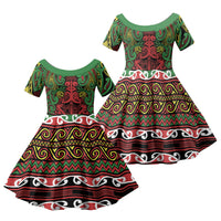 Aotearoa Iwi Ngati Hine Family Matching Off Shoulder Maxi Dress and Hawaiian Shirt Maori Wharenui House Tribal Pattern LT9 Daughter's Dress Deep Green - Polynesian Pride